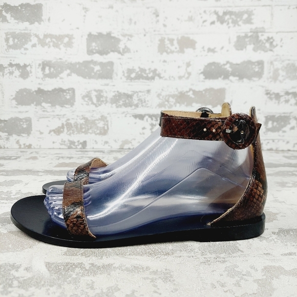New L'agence Brown Snakeskin Ankle Strap Leather Flat Sandals H 573 - Picture 1 of 11